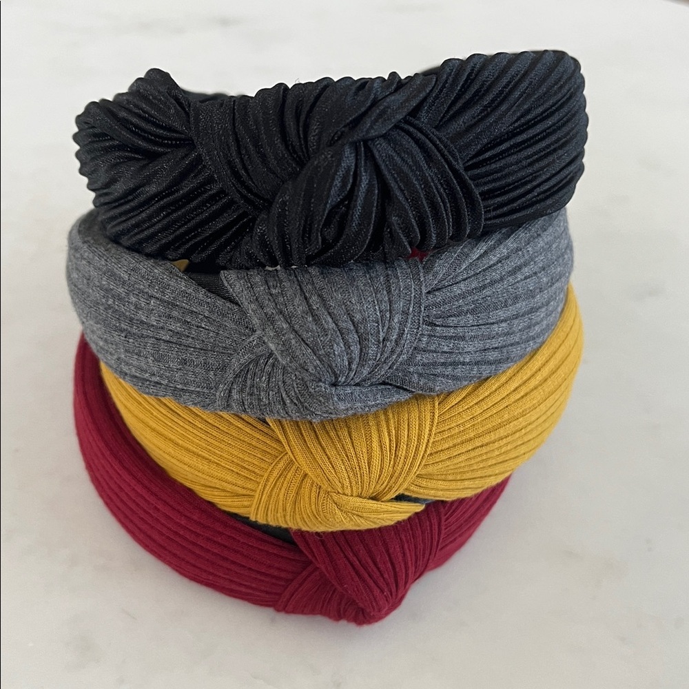 Bundle of 4 Knotted Headbands Maroon Black Gray Yellow Ribbed